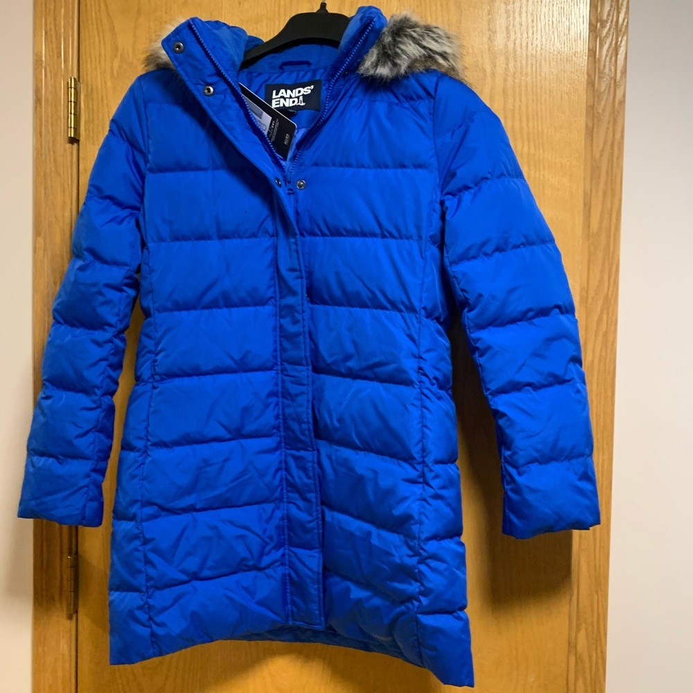 Lands' End Vibrant Blue Quilted Jacket with Faux Fur Trim